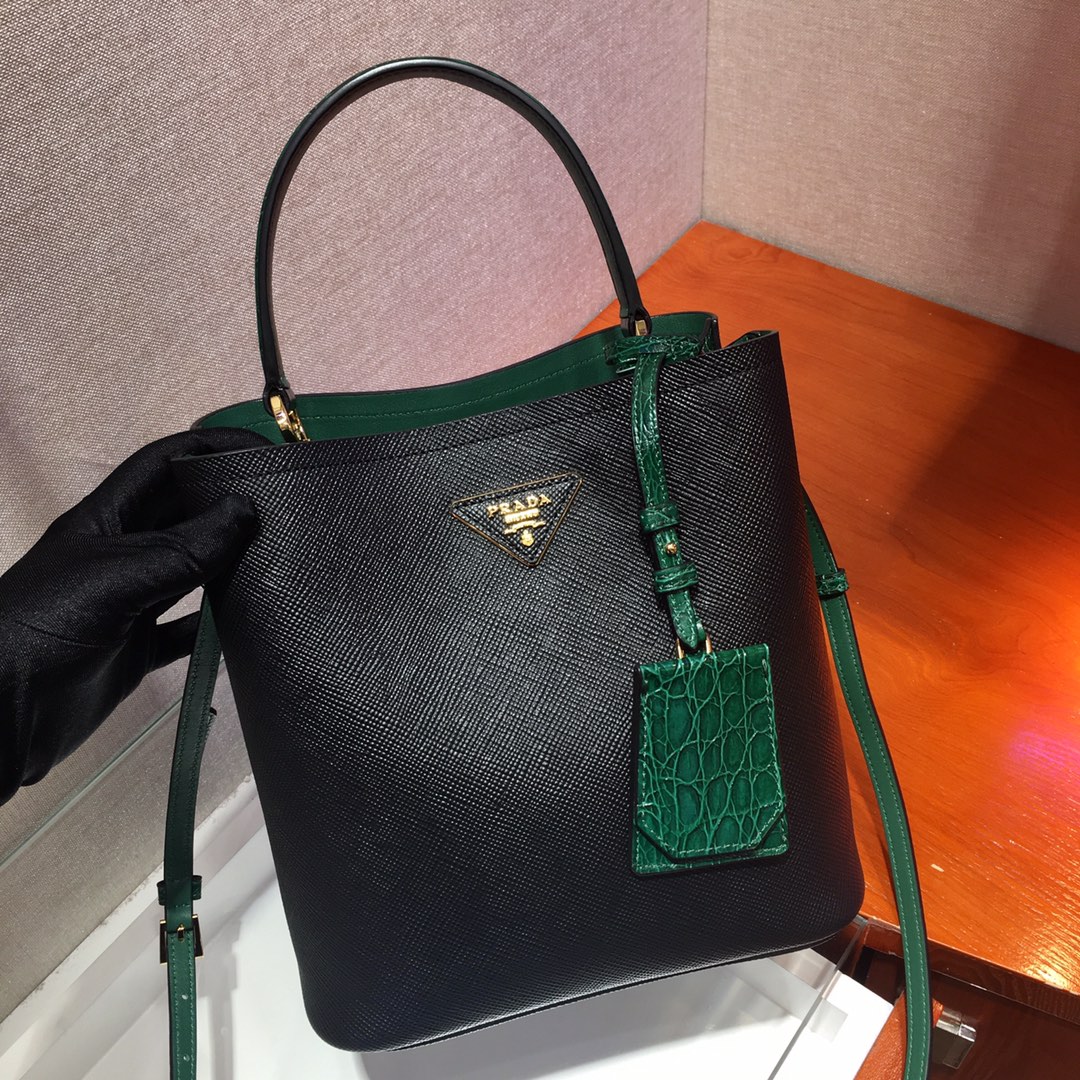 Prada Medium Panier Saffiano Leather Bag Black/Green 1BA212